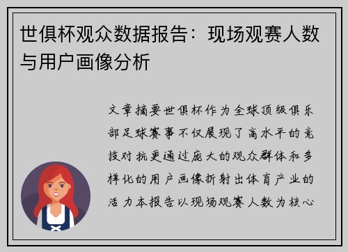 世俱杯观众数据报告：现场观赛人数与用户画像分析